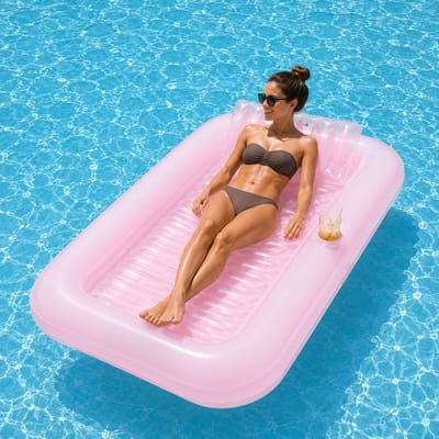PolkaHome Loungebed Drijvend Zwembad Luchtbed XL Opblaasbaar Zonnebed met Neksteun en Drankhouder 205 x 140 x 25 cm Roze