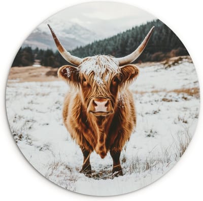 WallCircle® Wandcirkel 90x90 cm - Muurcirkel Schotse Hooglander - Landschap - Sneeuw - Bergen - Winter - Muurdecoratie woonkamer - Wanddecoratie slaapkamer - Kamer decoratie accessoires - Ronde schilderijen