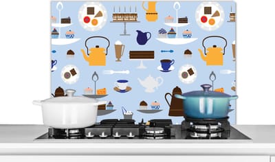 Spatscherm keuken 80x55 cm - Kookplaat achterwand Patronen - Cupcake - Theepot - Thee - Muurbeschermer - Spatwand fornuis - Hoogwaardig aluminium