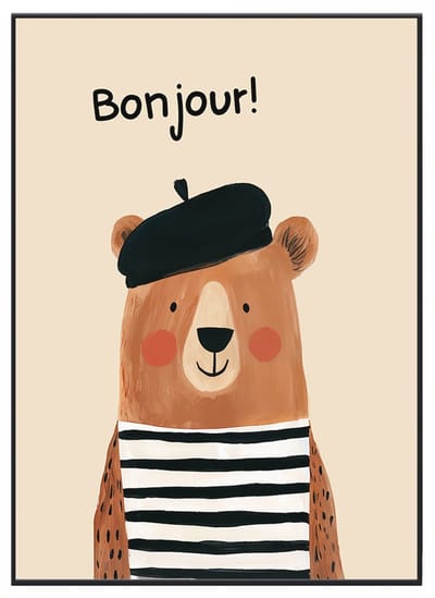 No Filter - Poster voor Baby- en Kinderkamer - Franse Beer met hoedje - Bonjour - A3 (30x40 cm) - 250 grams papier - Kinderkamer decoratie