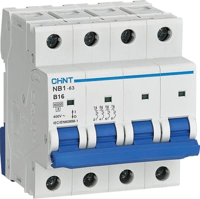 Chint installatieautomaat 3-fase, 3-polig+nul 16A B-kar 6kA (NB1-63 3PN B16) - 181127
