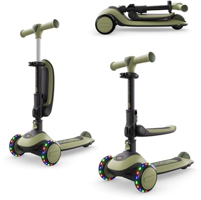Kinderkraft HALLEY 2 2-in-1 Loopfiets en Driewieler Step - Voor Kinderen van 1-5 Jaar, Max 50 kg - Verstelbaar Zadel en Stuur, Opvouwbaar, LED Wielen - Groen