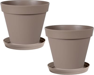 Set van 2x stuks bloempotten Toscane kunststof taupe D40 x H32 cm inclusief onderschalen D35 - Plantenpotten set