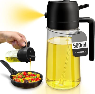 Famanu - Oliedispenser 500ml, oliefles, 2-in-1 dispenser en spray, voor olijfolie en azijn, BPA-vrij, voor de keuken, barbecue, salades (Zwart)