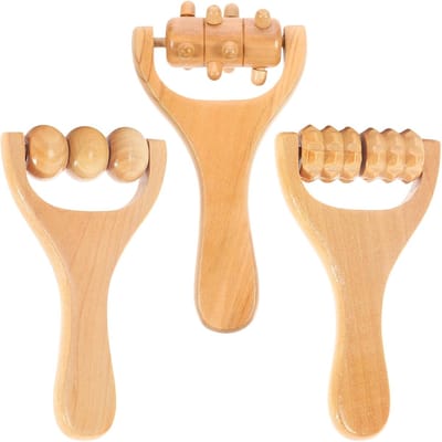 3 stuks Houten Massage Roller Tool- Massagestick - Voet- en nekmassageroller - Full Body Massager - Verlichting van spierpijn - Voet- en bindweefselmassage - Spierroller voor rug, benen, lichaam, nek, gezicht, armen - Natuurlijke houtkleur