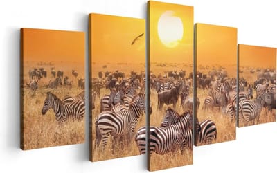 Artaza Canvas Schilderij Vijfluik Kudde Zebra's Bij Een Oranje Zonsondergang - 100x50 - Foto Op Canvas - Canvas Print