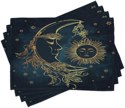 ABAKUHAUS psychedelische placemats, maansikkel met Boho-veren, alchemie-magie egyptisch mythos-ontwerp, Tiscjdeco gemaakt van kleurvast stof voor eetkamer en keuken, benzineblauw-geel