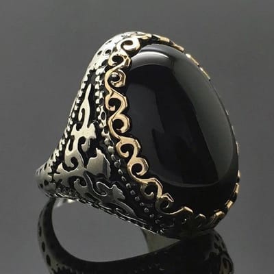 Massief S925 Sterling Zilver Natuurlijke Zwarte Topaas Edelsteen Ring Voor Vrouwen Mannen Anillos De Zilver 925 Sieraden Obsidiaan Edelstenen Doos 10 antiek zilver kleur