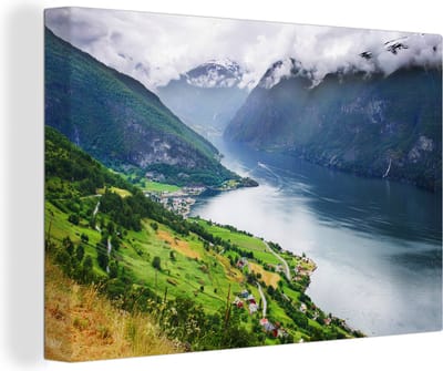 Canvas Schilderij Aurlands Fjord Noorwegen foto - 90x60 cm - Wanddecoratie