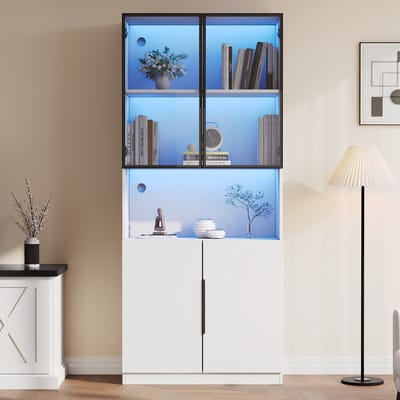 PHOEBE CAT Vitrinekast - Glazen deuren - LED-verlichting - Boekenkast - 80 × 30 × 200 cm - Wit