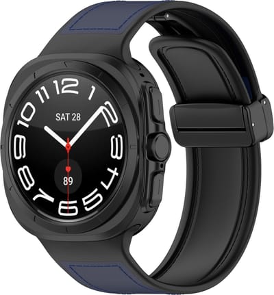 By Qubix - Compatible Samsung bandje - Hybrid leer + siliconen band - Donkerblauw - Geschikt voor Samsung Galaxy Watch Ultra / Ultra 2 - 47mm