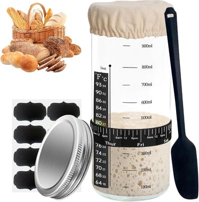 Famanu – Zuurdesem Starter Jar Kit - Grote Zuurdesem Starter Glazen Pot Met Aluminium Deksel - Krijtbord Labels - Voeding Dag & Tijd Tracker Band - Thermometer - Siliconen Schraper - Genaaide Doek