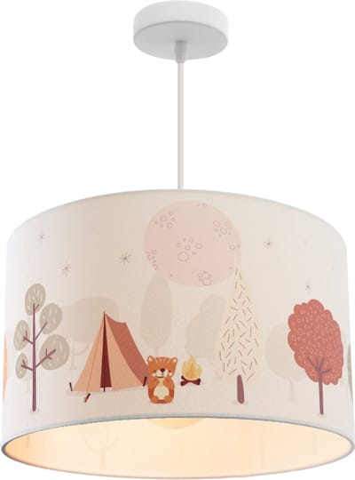 Olucia - FOREST LIFE - Hanglamp voor Kinderkamer - Wit / Bruin - Geschikt voor Kinderkamer/Babykamer/Tienerkamer - Vorm: Cilinder