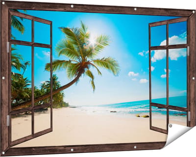 Gards Tuinposter Doorkijk Tropisch Strand en Zee in Sri Lanka - 150x100 cm - Tuindoek - Tuindecoratie - Wanddecoratie buiten - Tuinschilderij