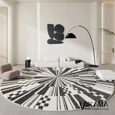 Minimalistisch Licht Luxe Tapijt Slaapkamer Decoratie Zwart en Wit Woonkamer Zacht Pluche Vloer Rond Wasbare Vloermat 80CMX80CM