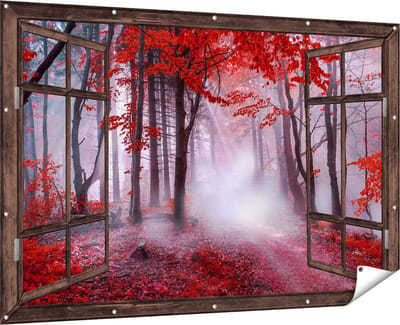 Gards Tuinposter Doorkijk Rood Bos met Bomen - 180x120 cm - Tuindoek - Tuindecoratie - Wanddecoratie buiten - Tuinschilderij