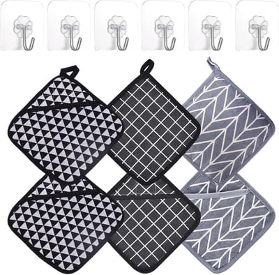 Set van 6 hittebestendige pannenlappen met tas en kleefhaken, 17 x 17 cm, wasbaar, drogerbestendig en ideaal voor keukenbescherming tegen hete apparaten