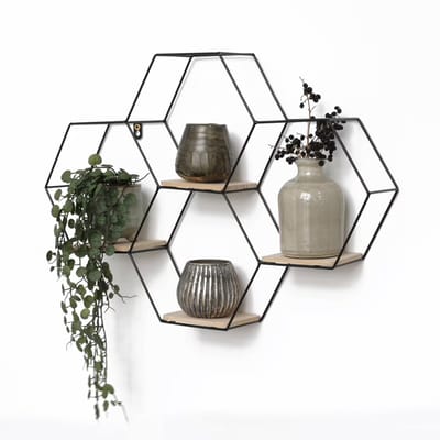 Wandrek van metaal, 4 houten vloeren, 40,5 x 58 cm, zwart, hangend wandrek voor woonkamer, wanddecoratie, hexagon