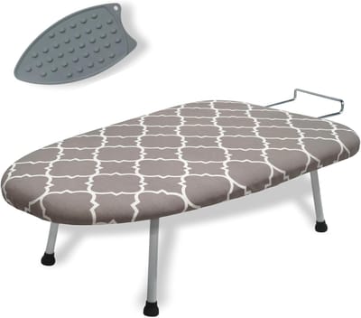 Kleine strijkplank - Tafelplank - Snel kleding strijken - Met siliconen mat - 60 x 37 cm - Grijs bloemenpatroon