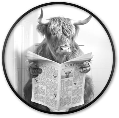 Poster in lijst Rond - Fotolijst 60x60 cm - Posters - Schotse Hooglander - Dier - Krant - WC - Ronde posterlijst zwart - Decoratie - Wanddecoratie woonkamer - Muurdecoratie slaapkamer