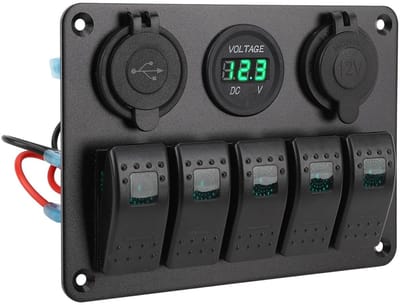 5-Gang Rocker Switch Paneel voor 12V tot 24V met USB-poorten en Voltmeter voor Boten, RV's en Voertuigen - Aluminium Legering