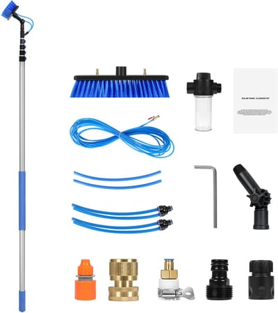 Watertoevoer Paalset, 9 M Lange Zonnepaneelreinigingspaal met Uitschuifbare Steel, 180° Draaibare Borstelkop en 20 M Slang, Ideaal voor Het Reinigen van Ramen In Huis en Buitenshuis