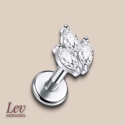 Lev Sieraden - Titanium Push Pin Labret piercing Zirkonia Triple Marquise cut - 1.2 x 8 mm - Zilver kleurig - neuspiercing - tragus piercing - Lippiercing - Tragus piercing - Oor piercing - Helix - anti allergie nikkelvrij Piercing