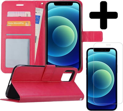 Hoesje - Met Screenprotector - Geschikt voor Apple iPhone 12 - Luxe Pasjeshouder - Flipcase - Bookcase Portemonee - Flip Case - Kunstleer Book Case - Book Cover - Walletcase - Portemonneehoes - Telefoonhoes - Donkerroze