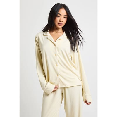 boohoo Dames Jersey Pyjama Set met Paspeldetail - Shirt met Lange Mouwen & Broek | Citroen | Maat: 42