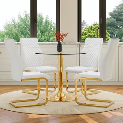 MIVRAY Eethoekset 85 cm - Ronde Glazen Tafel Met 4 Eetkamerstoelen - Voor Eetkamer En Horeca - Metaal Kunstleer Wit Goud