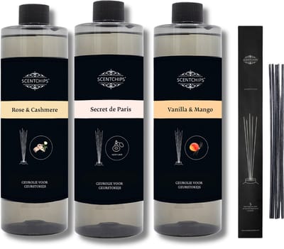 Navulling Rose & Cashmere + Secret de Paris + Vanille & Mango + Geurstokjes - Geurstokjes Navulling Set van 3 + 5 Geurstokjes - Geurverspreider - Luchtverfrisser - Huisparfum - 400ml x 3