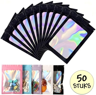 50 Zwarte Holografische Folie Zip Lock Zakjes - Hersluitbare Mylar Zakken - 7x10cm - Uitdeelzakjes - Transparant - Snoepzakjes - Cadeauzakjes - 50 Stuks