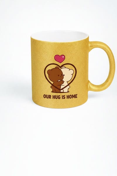 Gouden Glitter Mok met Knuffelberen, Hart & "Our Hug Is Home" - Romantisch Cadeau
