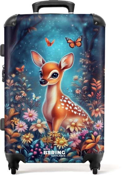 NoBoringSuitcases.com® - Kinderkoffer meisje - Kindertrolley meisjes - Hertje tussen bloemen in betoverend bos - Koffer kind groot - Rolkoffer lichtgewicht - Reiskoffer met 4 wielen - Grote trolley XL - 20 kg bagage