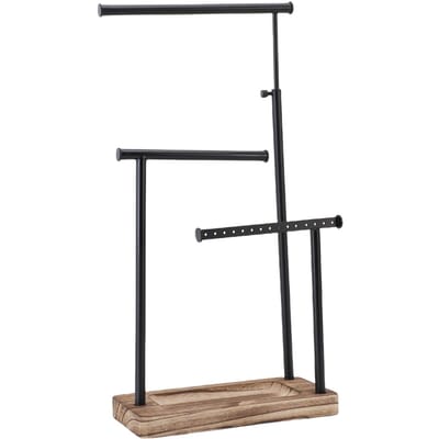 3-laags sieradenstandaard van metaal, uitschuifbare kettinghouder, display met houten basis voor oorbellen, armbanden, ringen black