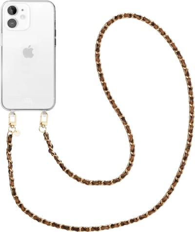 xoxo Wildhearts siliconen hoesje geschikt voor iPhone 12 - Classic Chain - Leopard (lang koord) - Telefoonhoesje - Hoesje met koord - Schakelketting - Lang telefoonkoord - Luipaardprint met goud - Transparant hoesje