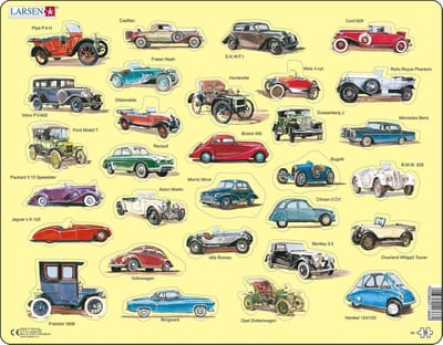 Larsen Oldtimer auto's – Puzzel – Voertuigen & Techniek – Oldtimers – Educatieve legpuzzel voor kinderen – 30 stukjes – Gemaakt in Noorwegen – Extra dikke 2,5 mm stukjes – Tray met vaste rand