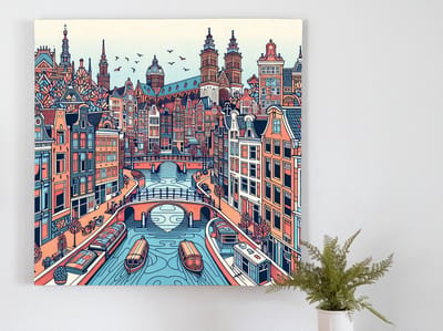 Modern amsterdam schilderij | Het bruisende hart van Amsterdam in moderne artistieke vorm | Kunst - 100x100 centimeter op Forex | Foto op Forex