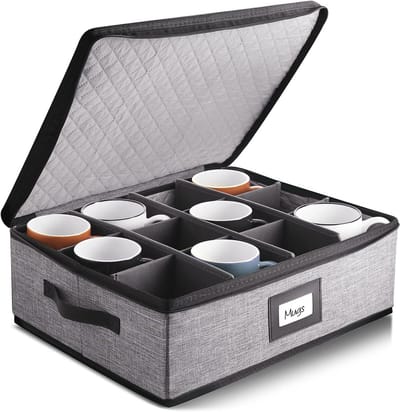 Padded Stackable Coffee Mug Storage Organizer for 12 Cups - Hard Shell Box with Dividers for Moving and Seasonal Use