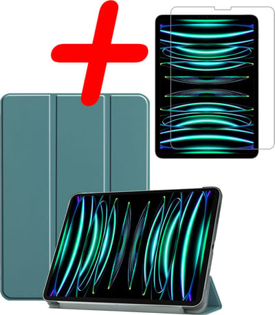 Hoesje Geschikt voor Apple iPad Pro (2022) - 11 inch - 4e generatie - Met Screenprotector - Trifold Bookcase - Hard Cover - Hardcover Book Case - Tablet Hoes - Donkergroen