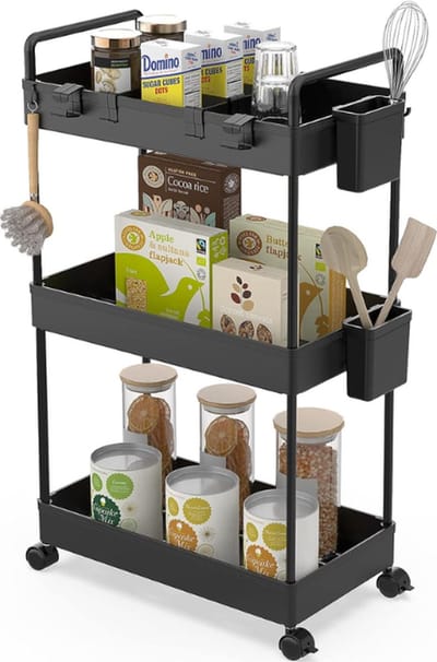Slanke opbergkar met 3 niveaus rollende opbergwagen op wielen met hangende bekers en ruimteverdelers voor kantoor badkamer keuken wasruimte smalle ruimten zwart Beside shelf