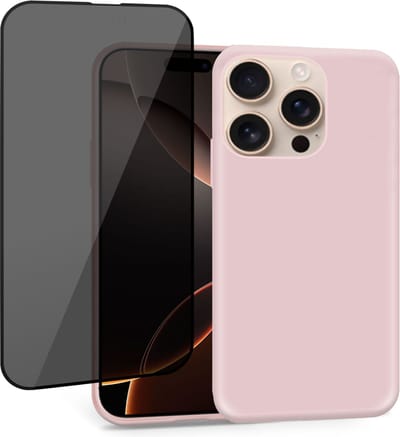 Geschikt voor Apple iPhone 16 Pro - Hoesje + Privacy Screenprotector – Privé Gehard Glas Cover - Suède Case Rose
