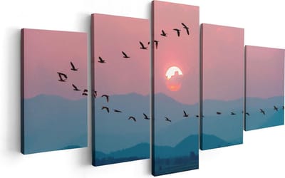 Artaza Canvas Schilderij Vijfluik Silhouet Van Zwerm Vogels Bij Zonsondergang - 100x50 - Foto Op Canvas - Canvas Print