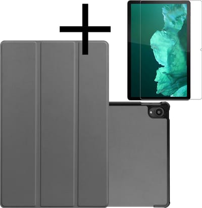 Hoes - Geschikt voor Lenovo Tab P11 Plus - Met Screenprotector - Trifold Bookcase - Hard Cover - Hardcover Book Case - Tablet Hoesje - Grijs