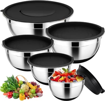 Mixkommen Set van 5 Stuks, RVS Mengkommen met Luchtdichte Deksel, Stapelbaar en Antislip, Ideaal voor Salades en Koken, Capaciteit van 0.7L tot 4.5L