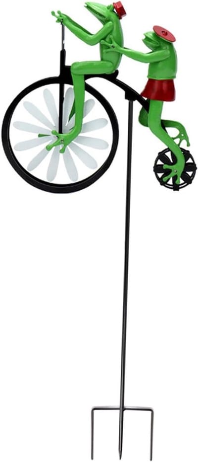 Windspinner Kikkers Fiets - Tuindecoratie Molen - Tuin Opfleuren - Levendig Vintage Design - 19x18 cm - Multicolor