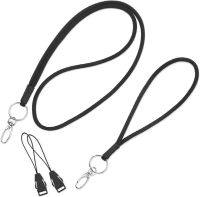 Schouderband en polsband van nylon, 2-delig met draaiende karabijnhaak, ideaal voor ID-houders, sleutels en camera's (zwart)