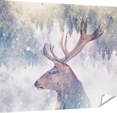 Gards Tuinposter Hertenkop - Hert op een Bomen Achtergrond - 150x120 cm - Tuindoek - Tuindecoratie - Wanddecoratie buiten - Tuinschilderij