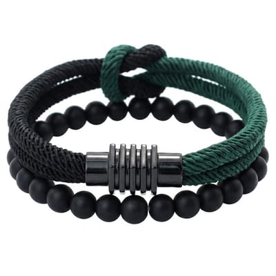 Set van 2 heren armbanden – zwart/groen koordarmband & zwarte kralenarmband – elastisch en verstelbaar