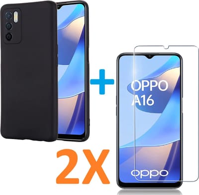 Soft TPU Zwart hoesje Silicone Case + 2 stuk Glas Screenprotector Geschikt voor: Oppo A16 / A16s